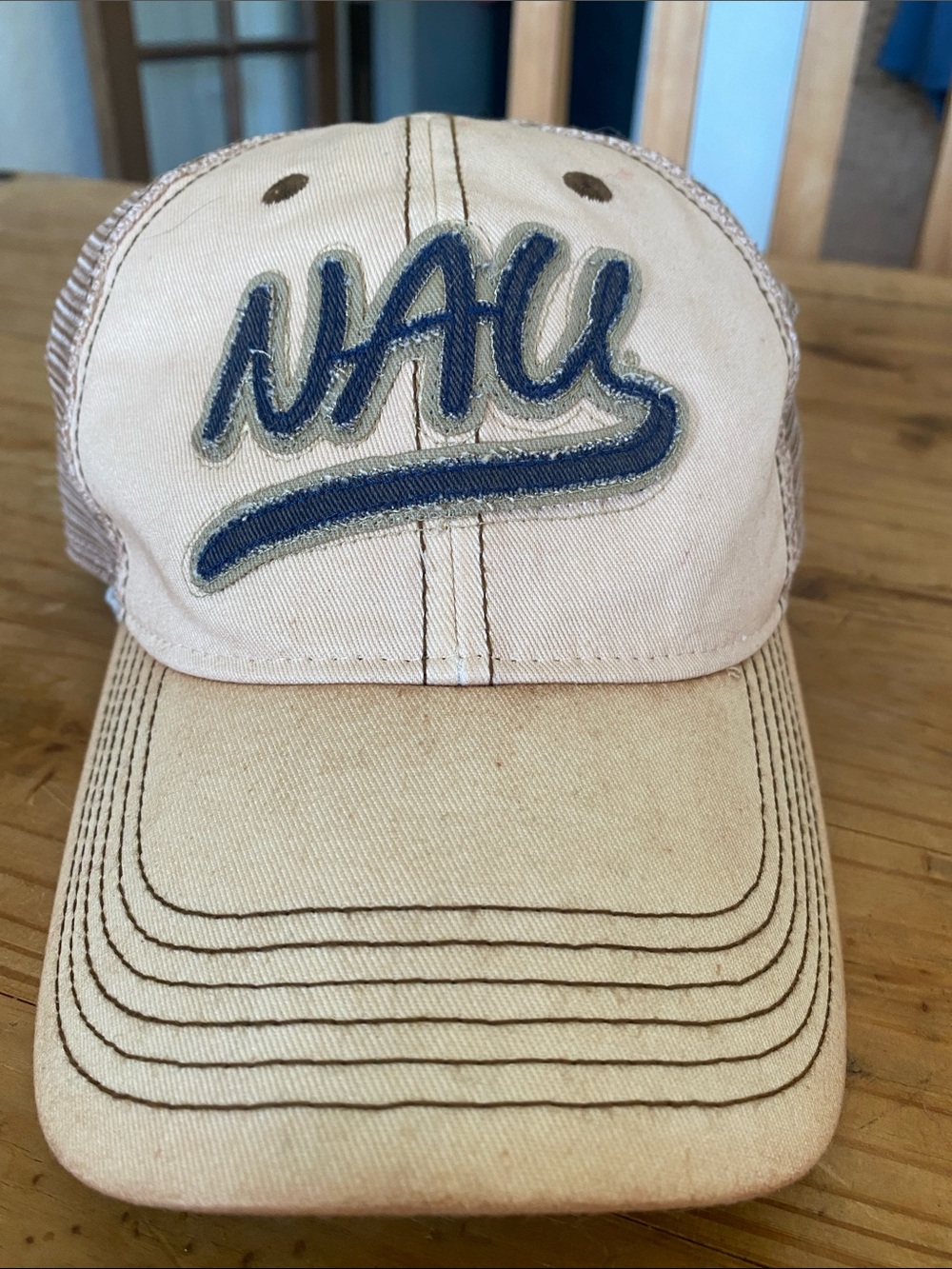 New! NAU Beige Trucker Cap with Navy Script Logo